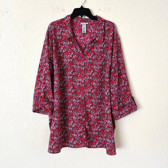 Catherines Red Floral Button Up Top 3X Roll Tab Sleeve Collared Tunic Blouse - Picture 1 of 7